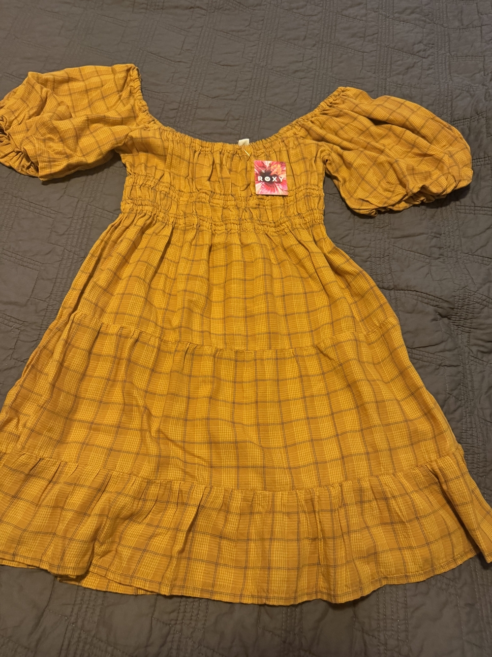 Roxy Jrs Mustard Yellow Smocked Off-Shoulder Dress